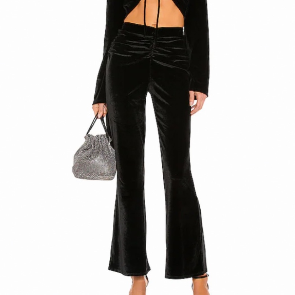 X REVOLVE MICHAEL COSTELLO BLACK VELVET FLARE PANTS WITH RUNCHING DETAIL SMALL